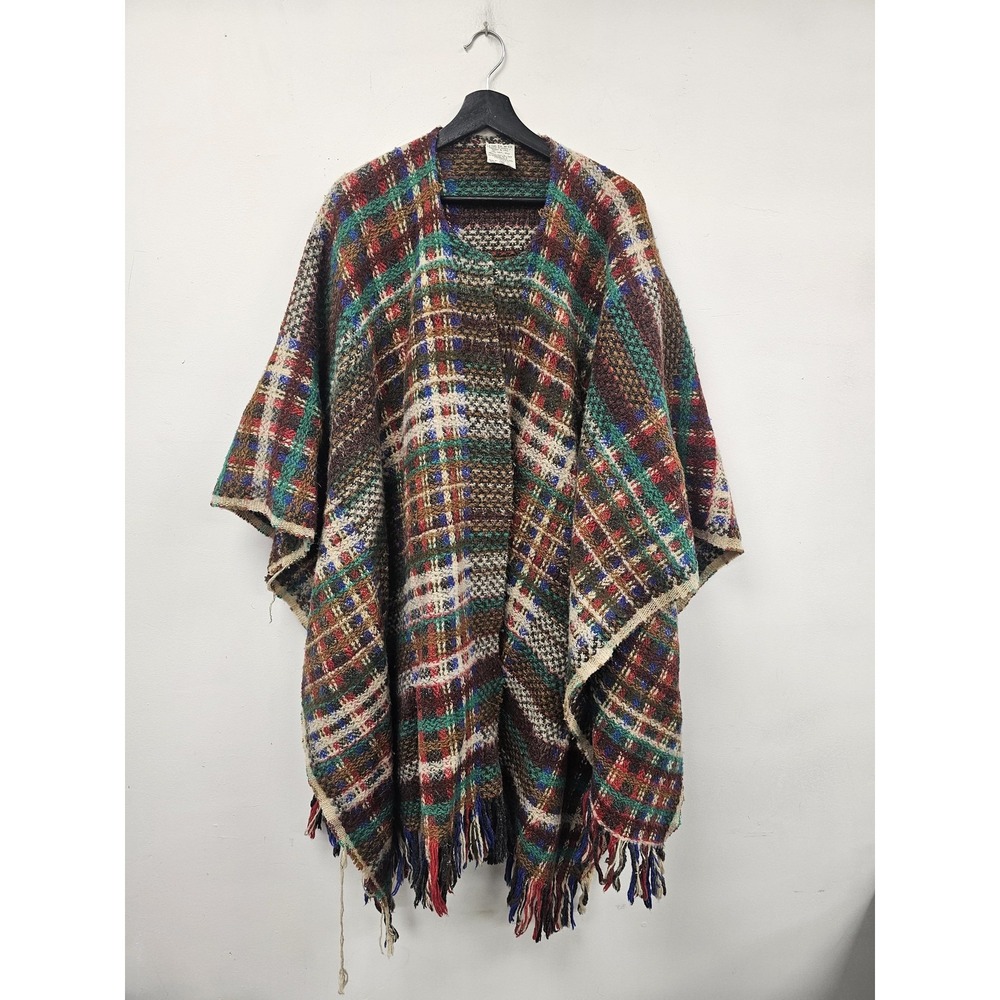 La Luz Poncho Cape Womens One Size Multicolor Wool Plaid Fringe‎ Knit Mexico